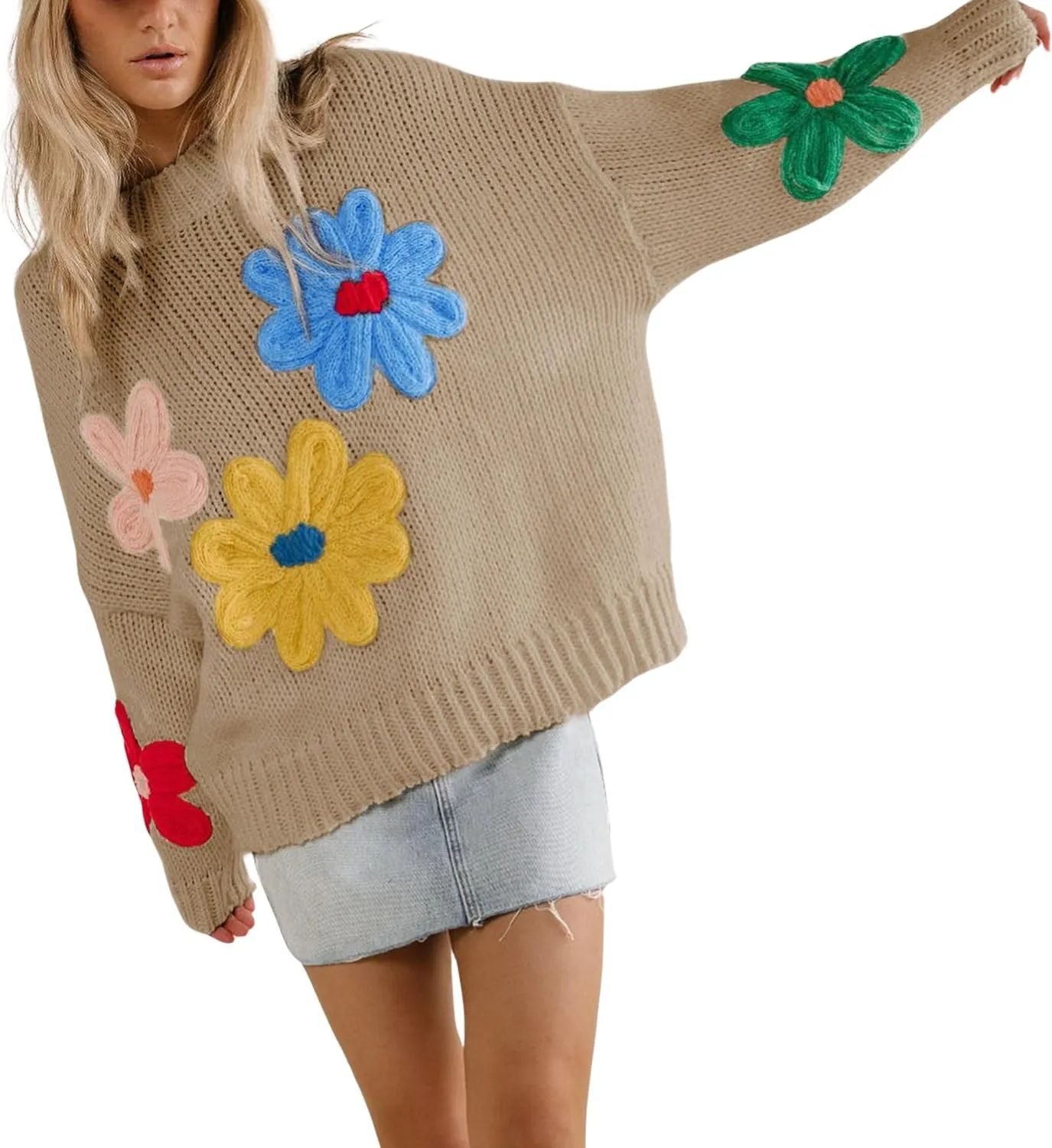 Women Floral Sweater Long Sleeve Round Neck Casual Lounge Colorful Flower Knit Pullover Top