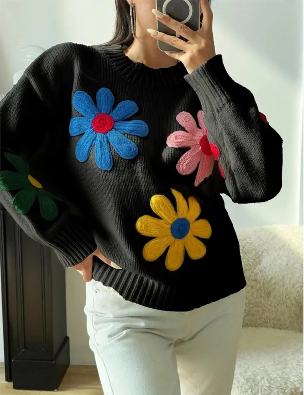 Women Floral Sweater Long Sleeve Round Neck Casual Lounge Colorful Flower Knit Pullover Top
