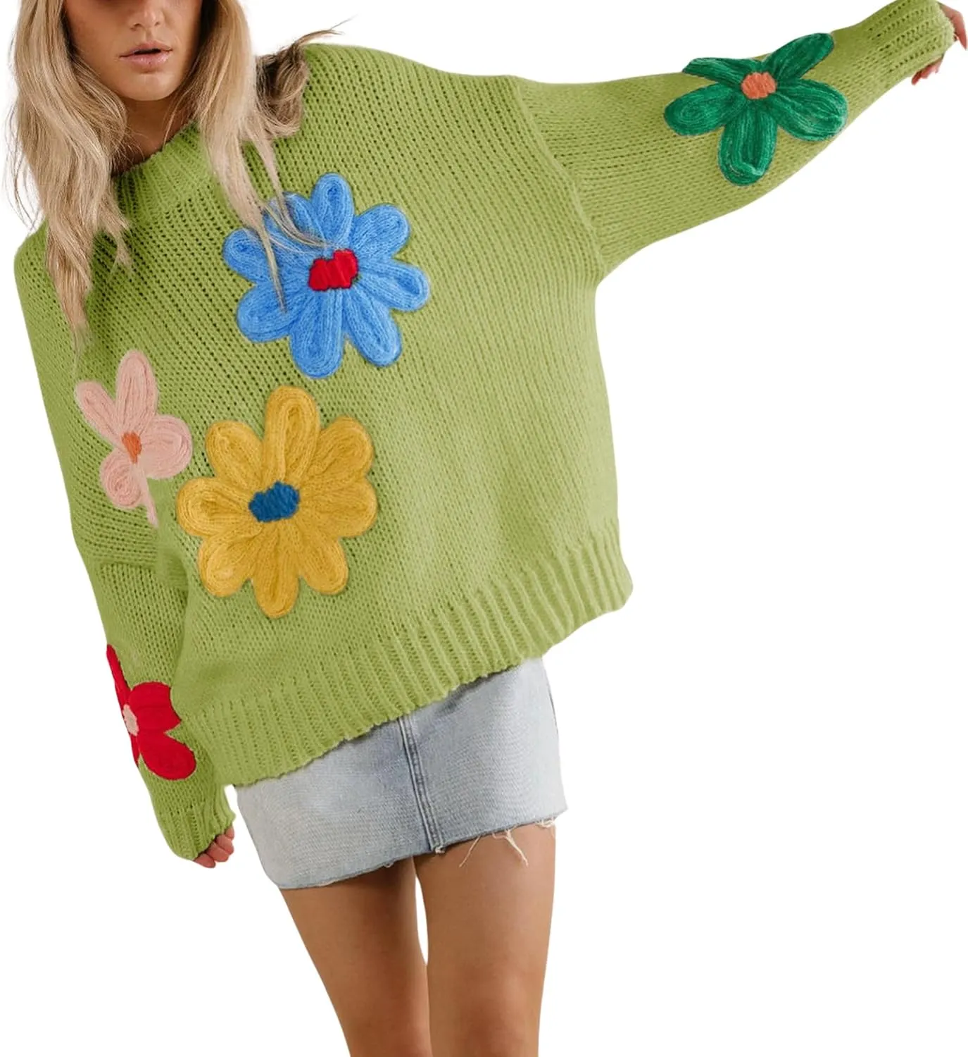 Women Floral Sweater Long Sleeve Round Neck Casual Lounge Colorful Flower Knit Pullover Top