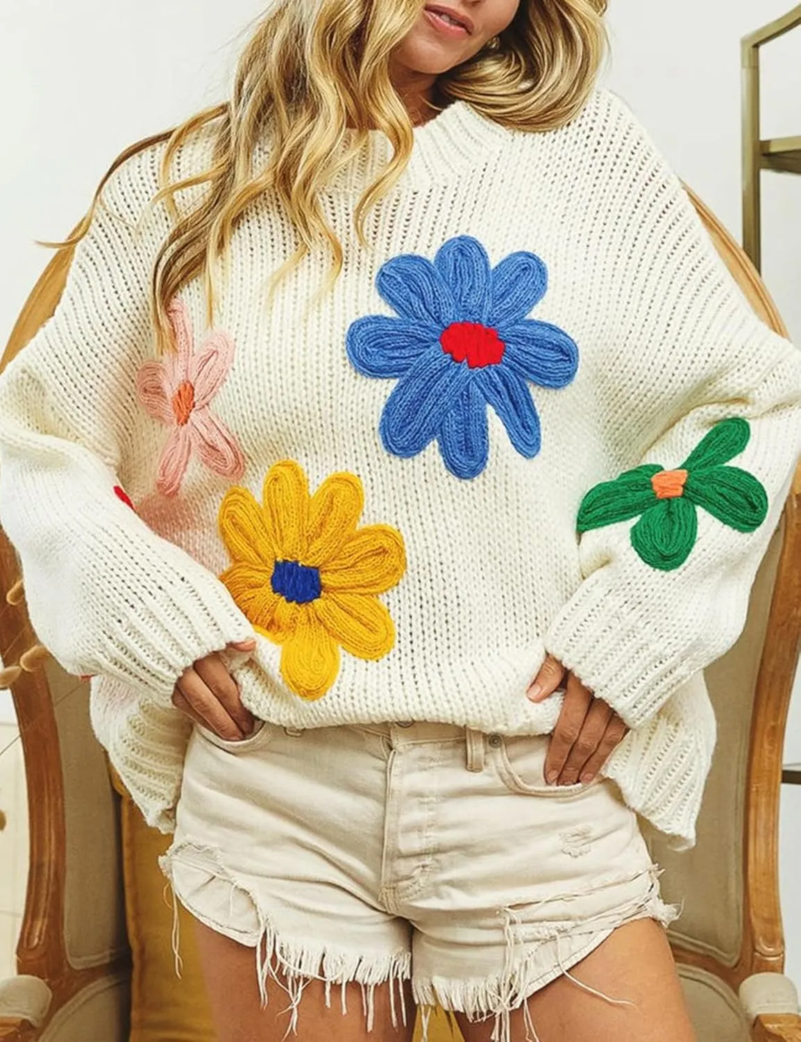 Women Floral Sweater Long Sleeve Round Neck Casual Lounge Colorful Flower Knit Pullover Top