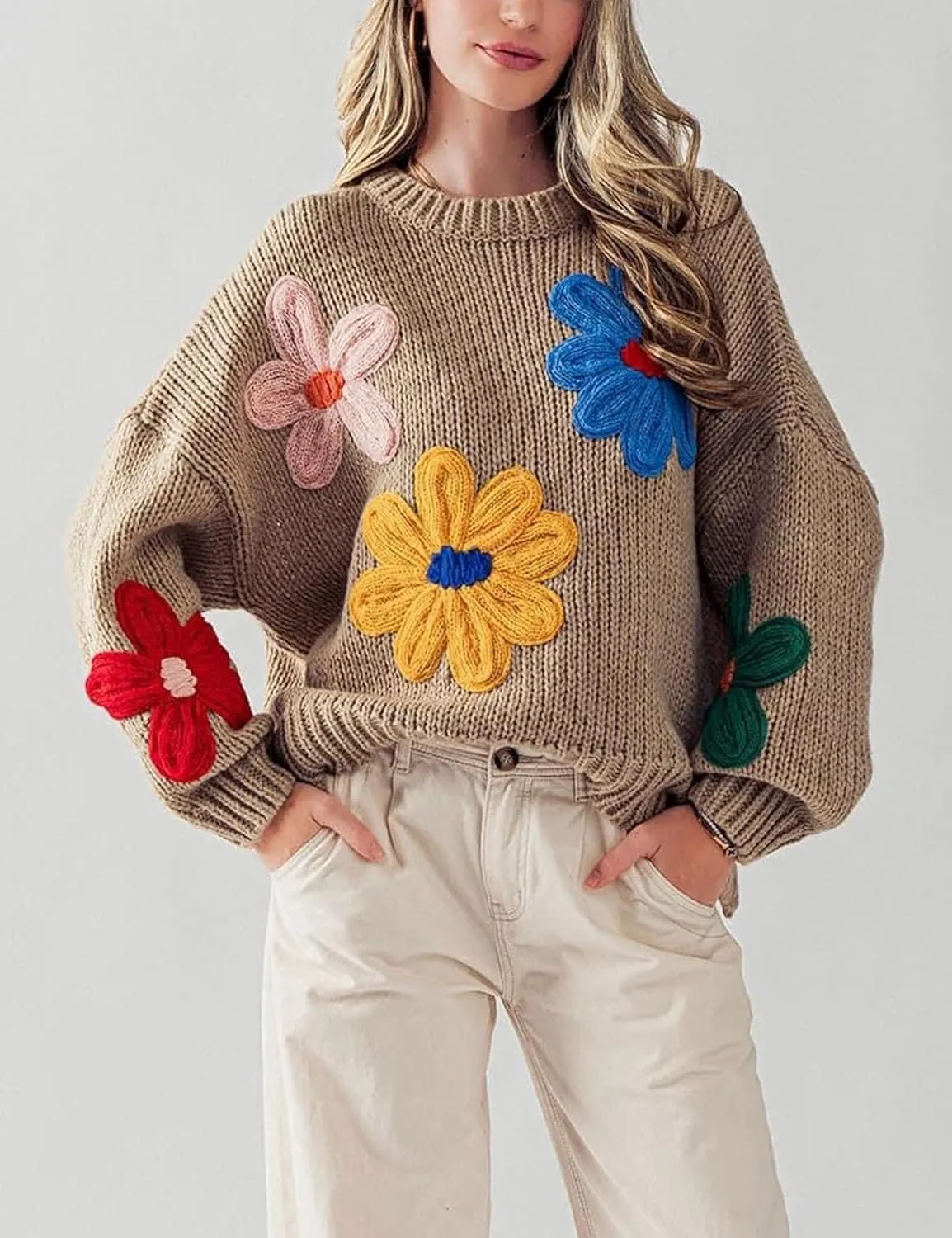 Women Floral Sweater Long Sleeve Round Neck Casual Lounge Colorful Flower Knit Pullover Top