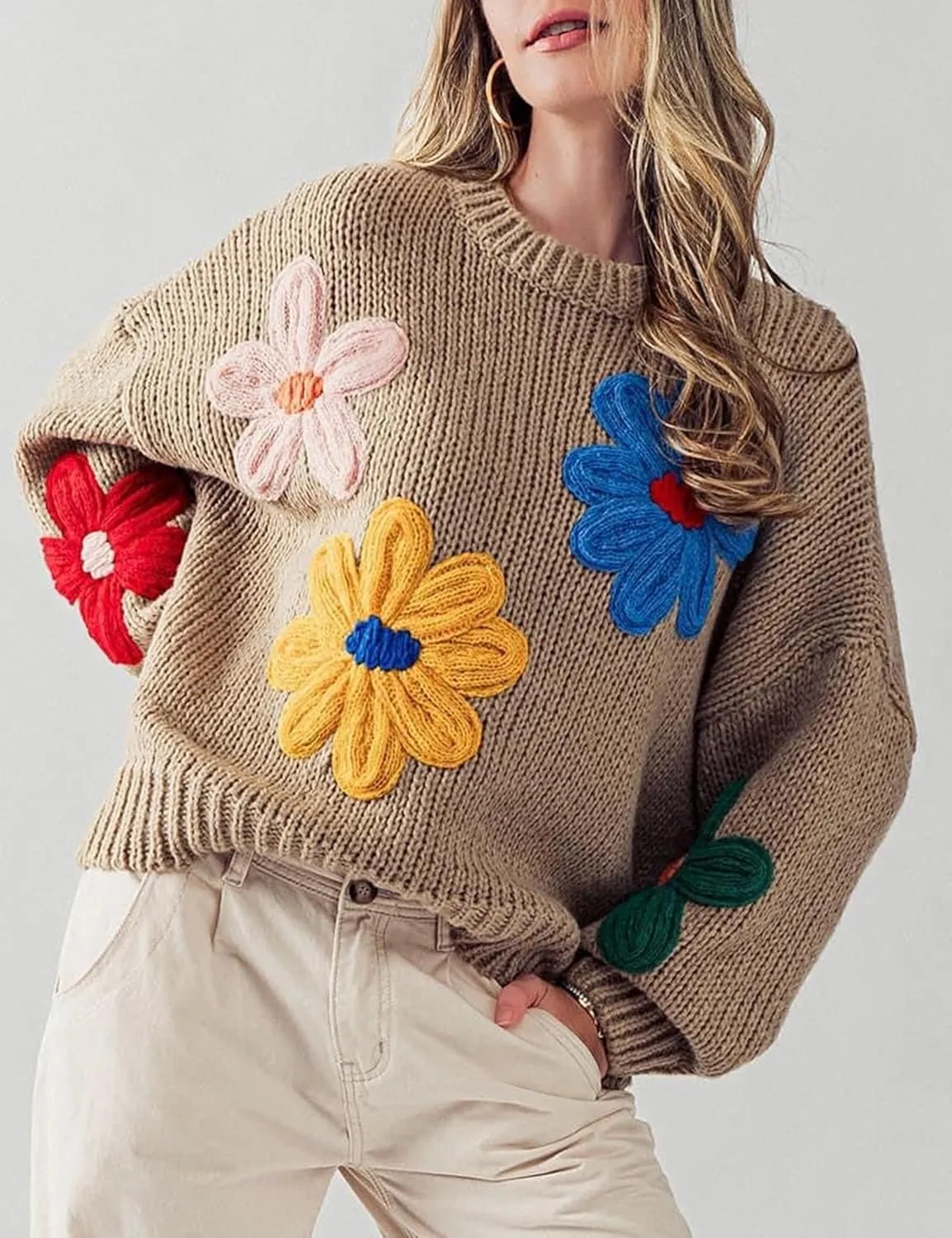 Women Floral Sweater Long Sleeve Round Neck Casual Lounge Colorful Flower Knit Pullover Top