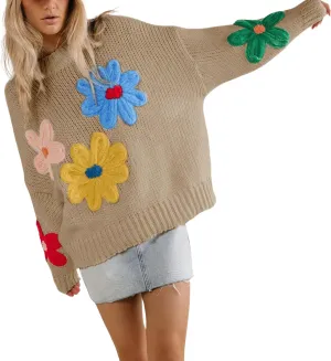 Women Floral Sweater Long Sleeve Round Neck Casual Lounge Colorful Flower Knit Pullover Top