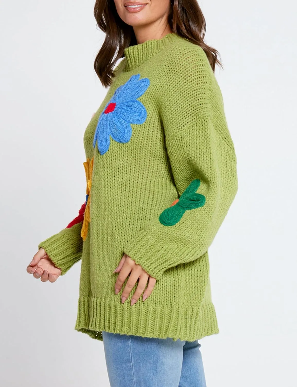 Women Floral Sweater Long Sleeve Round Neck Casual Lounge Colorful Flower Knit Pullover Top
