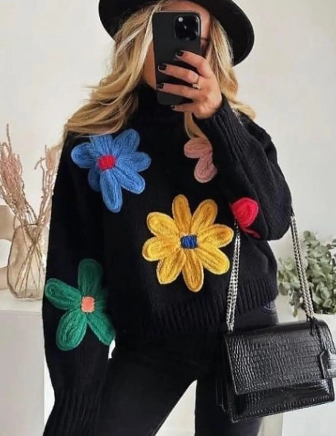 Women Floral Sweater Long Sleeve Round Neck Casual Lounge Colorful Flower Knit Pullover Top
