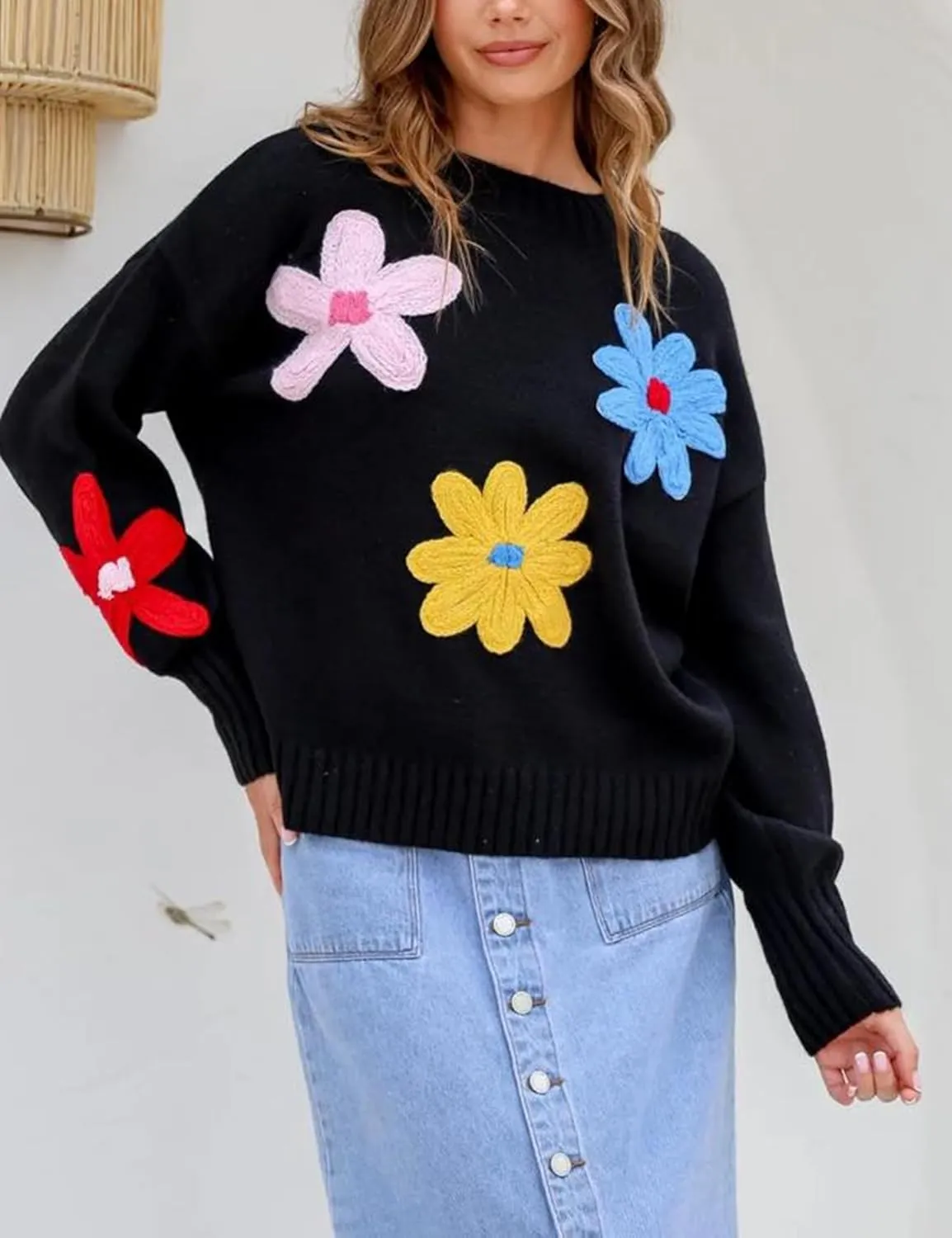 Women Floral Sweater Long Sleeve Round Neck Casual Lounge Colorful Flower Knit Pullover Top
