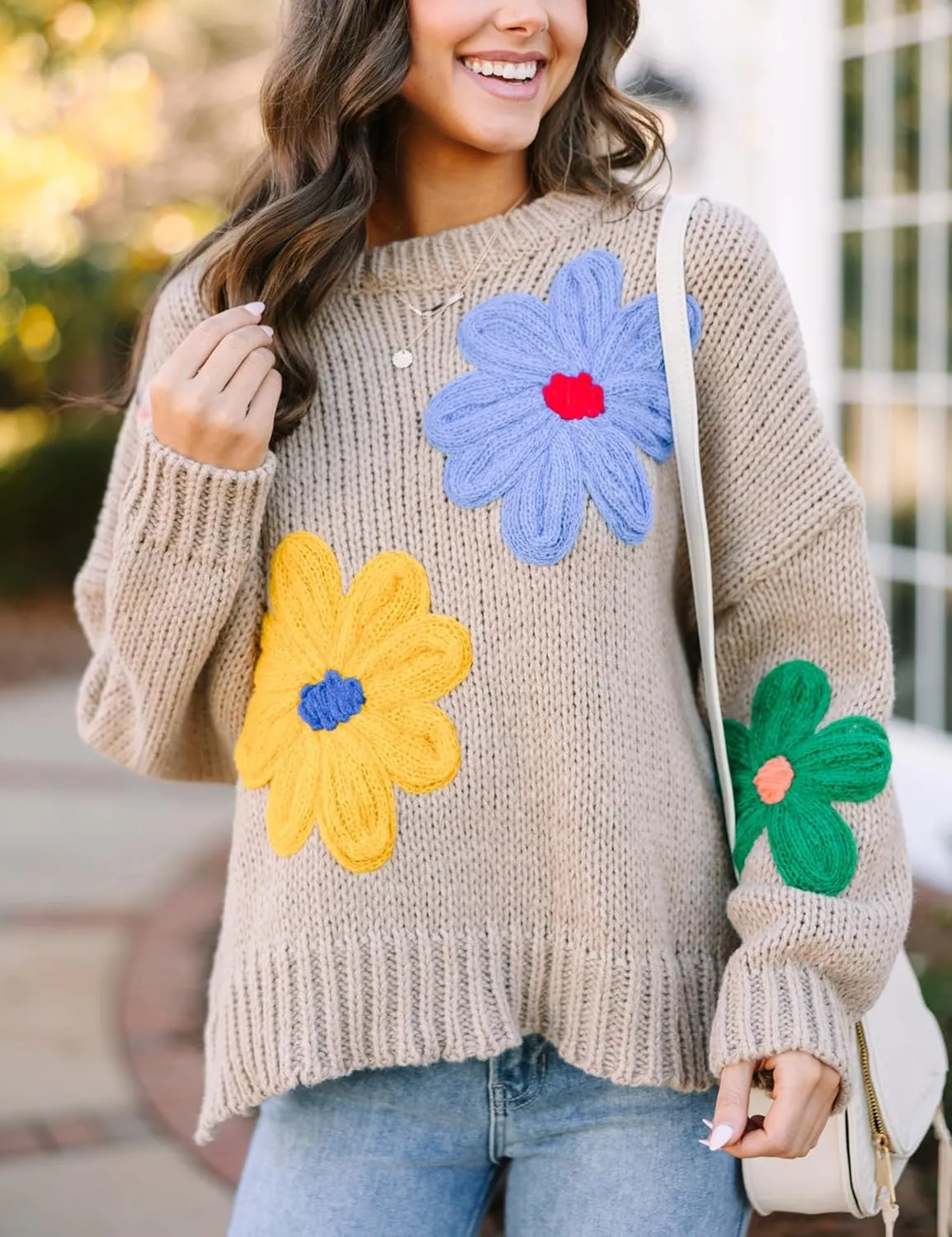 Women Floral Sweater Long Sleeve Round Neck Casual Lounge Colorful Flower Knit Pullover Top