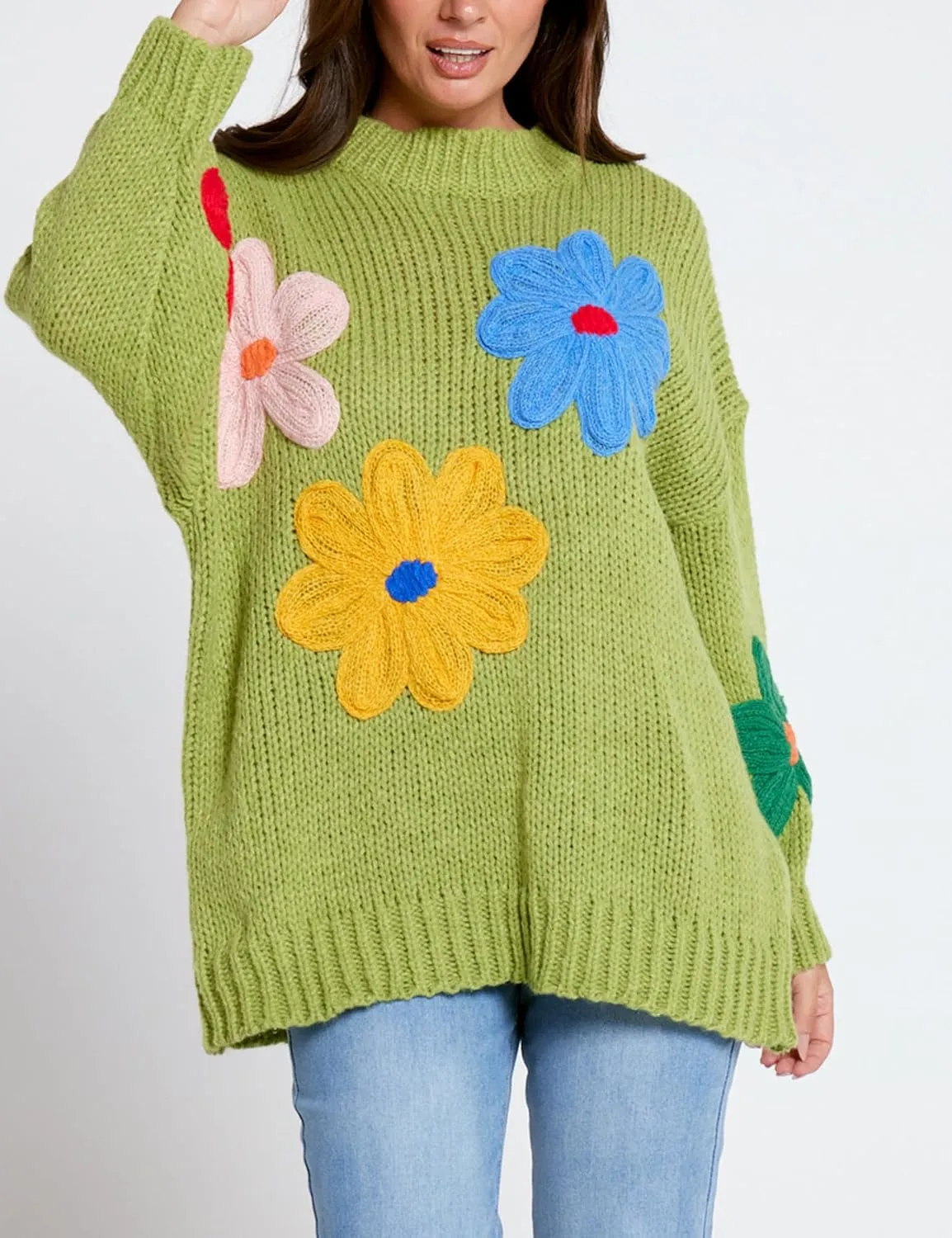 Women Floral Sweater Long Sleeve Round Neck Casual Lounge Colorful Flower Knit Pullover Top