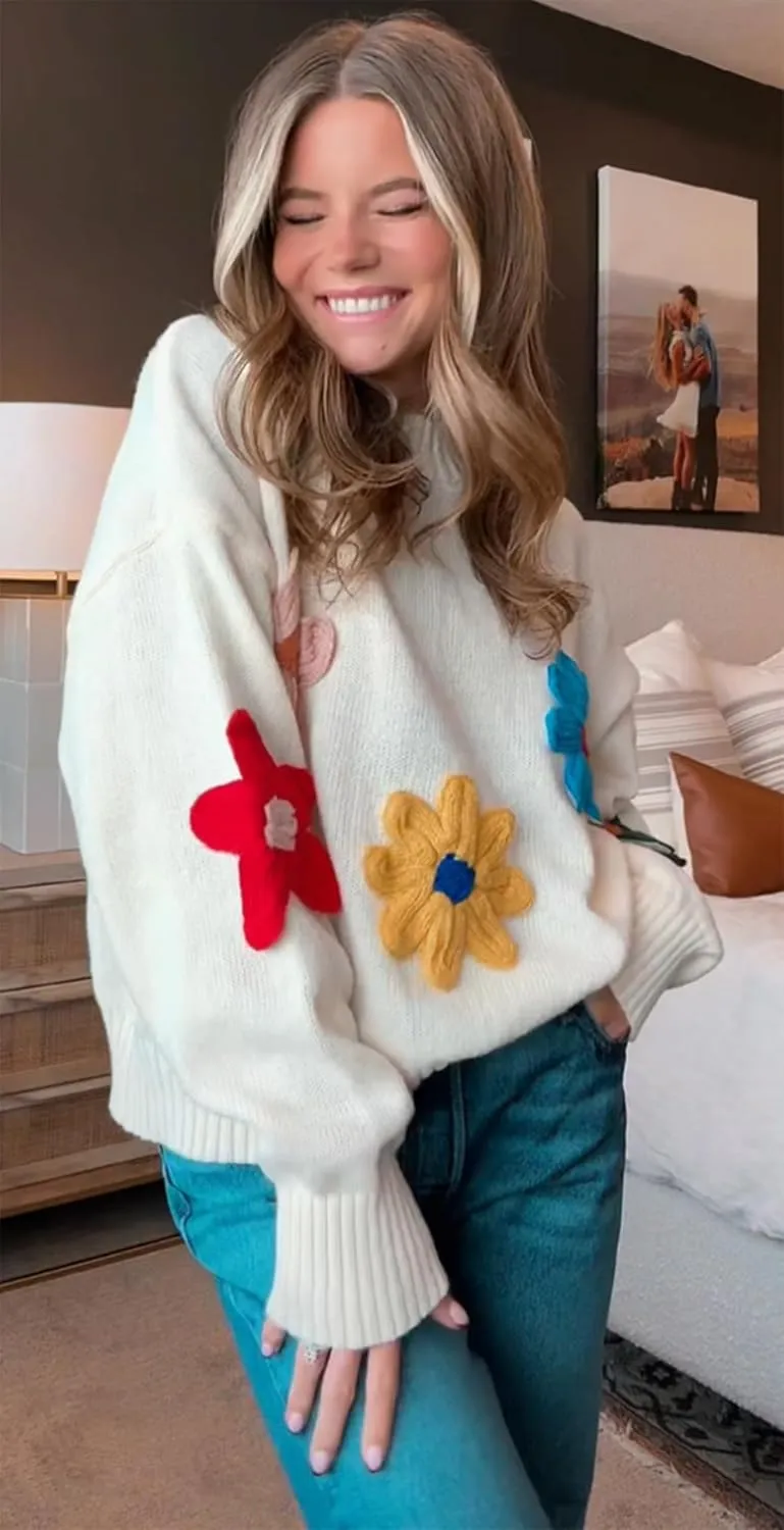 Women Floral Sweater Long Sleeve Round Neck Casual Lounge Colorful Flower Knit Pullover Top