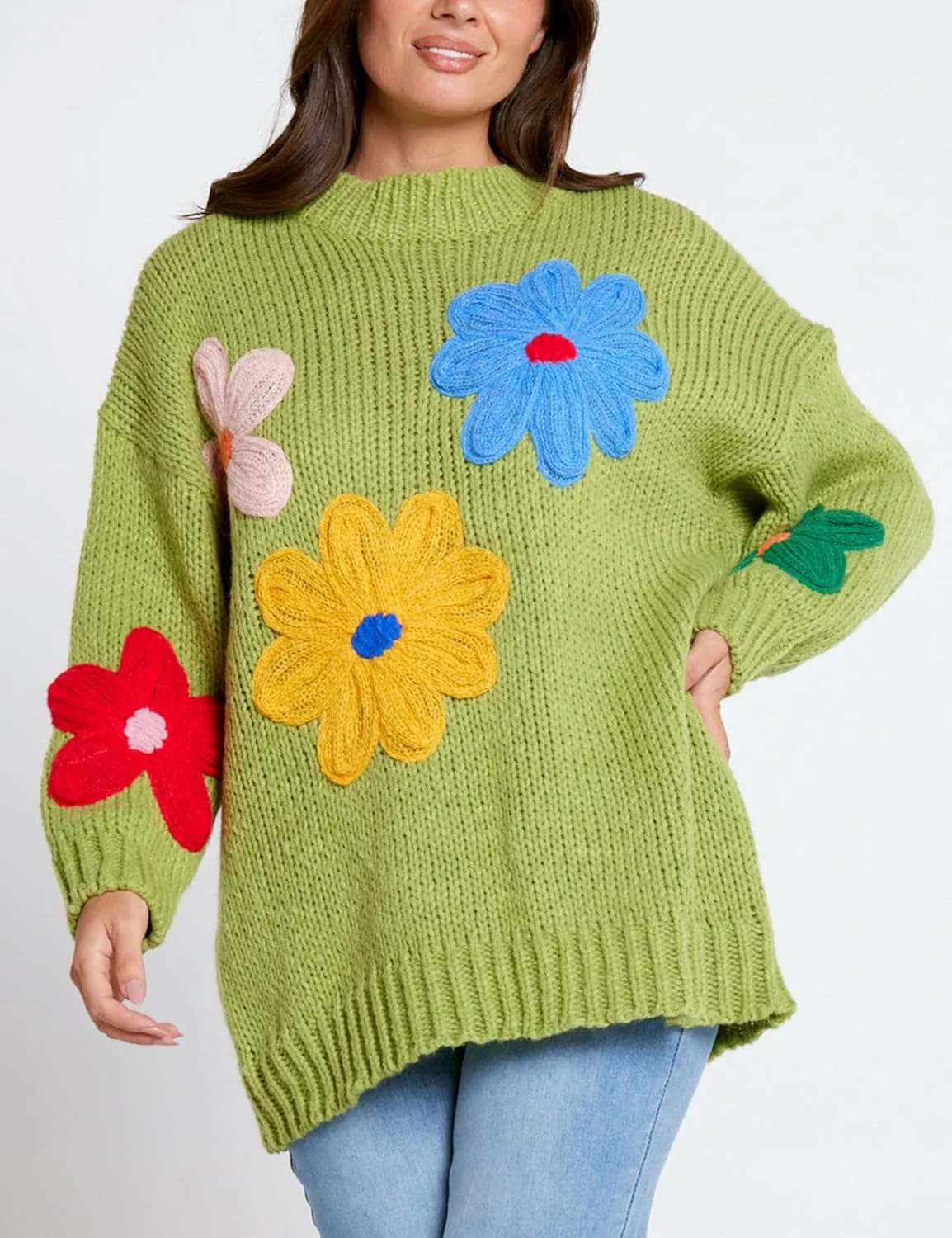 Women Floral Sweater Long Sleeve Round Neck Casual Lounge Colorful Flower Knit Pullover Top