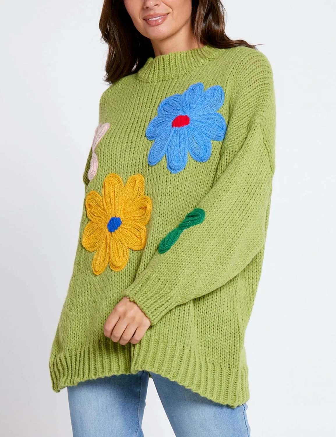Women Floral Sweater Long Sleeve Round Neck Casual Lounge Colorful Flower Knit Pullover Top