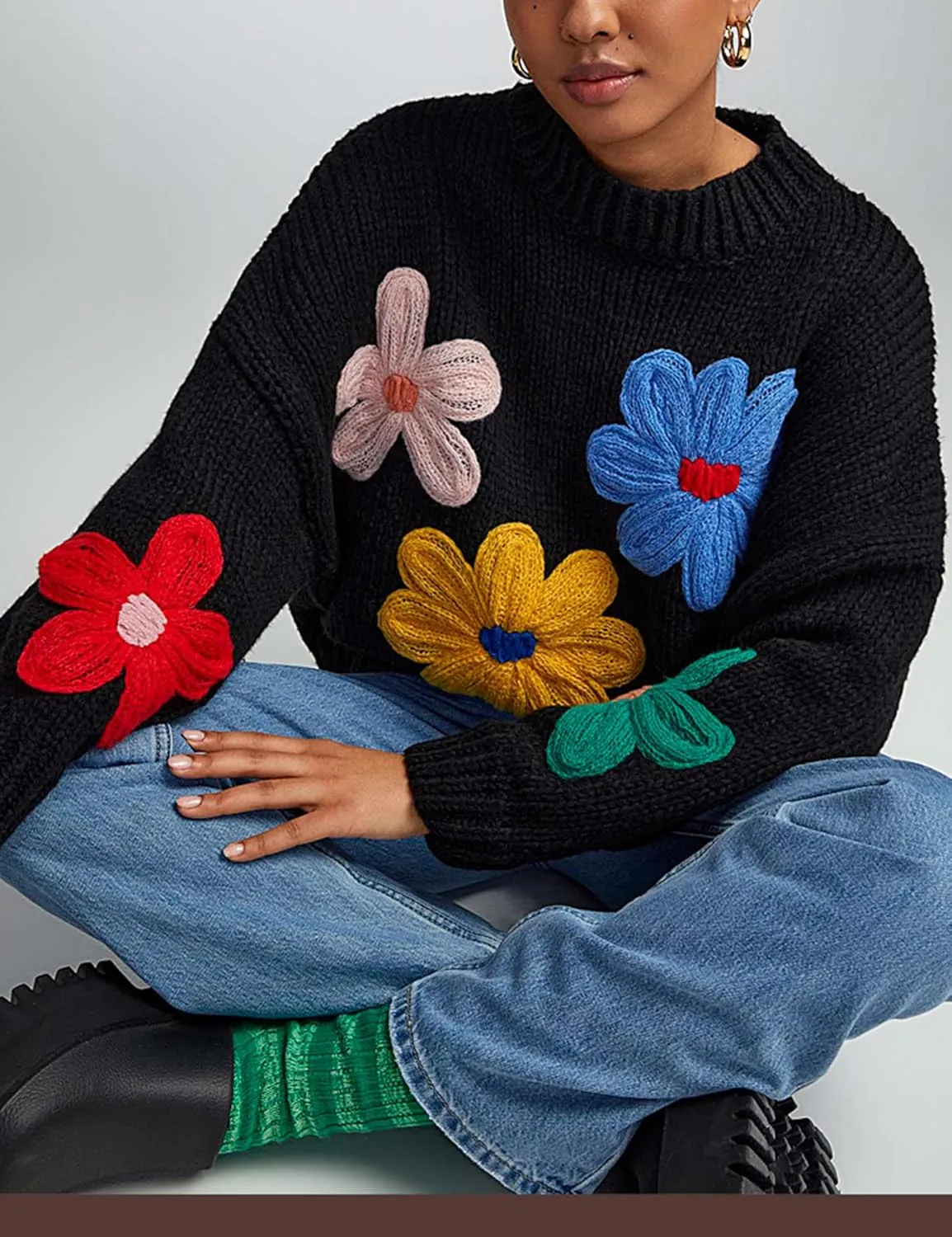 Women Floral Sweater Long Sleeve Round Neck Casual Lounge Colorful Flower Knit Pullover Top