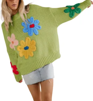 Women Floral Sweater Long Sleeve Round Neck Casual Lounge Colorful Flower Knit Pullover Top