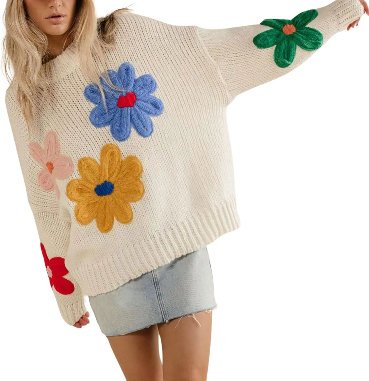 Women Floral Sweater Long Sleeve Round Neck Casual Lounge Colorful Flower Knit Pullover Top