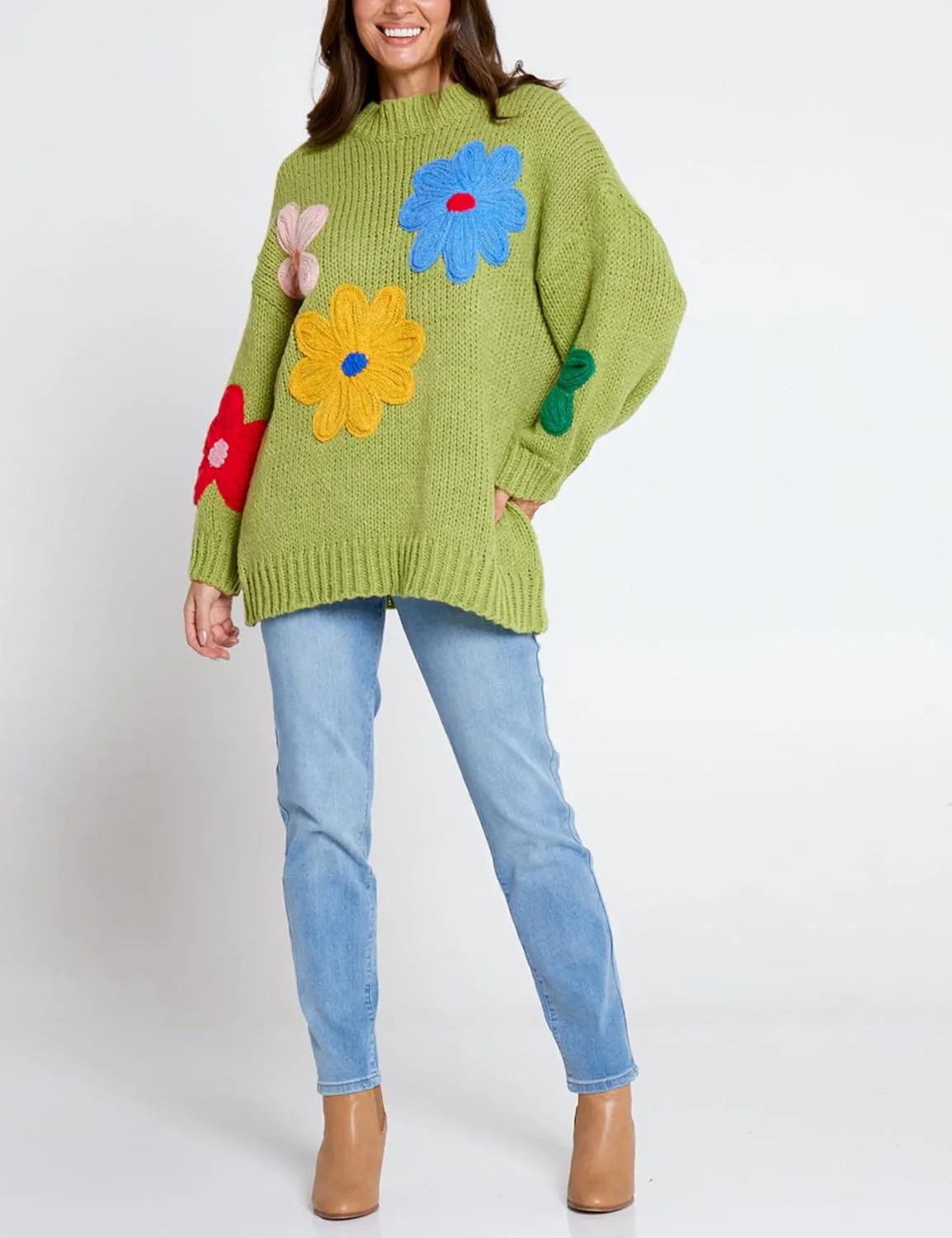 Women Floral Sweater Long Sleeve Round Neck Casual Lounge Colorful Flower Knit Pullover Top
