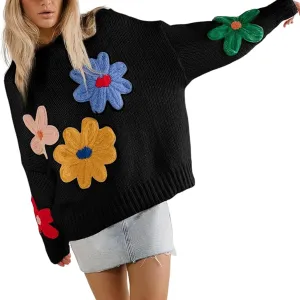 Women Floral Sweater Long Sleeve Round Neck Casual Lounge Colorful Flower Knit Pullover Top