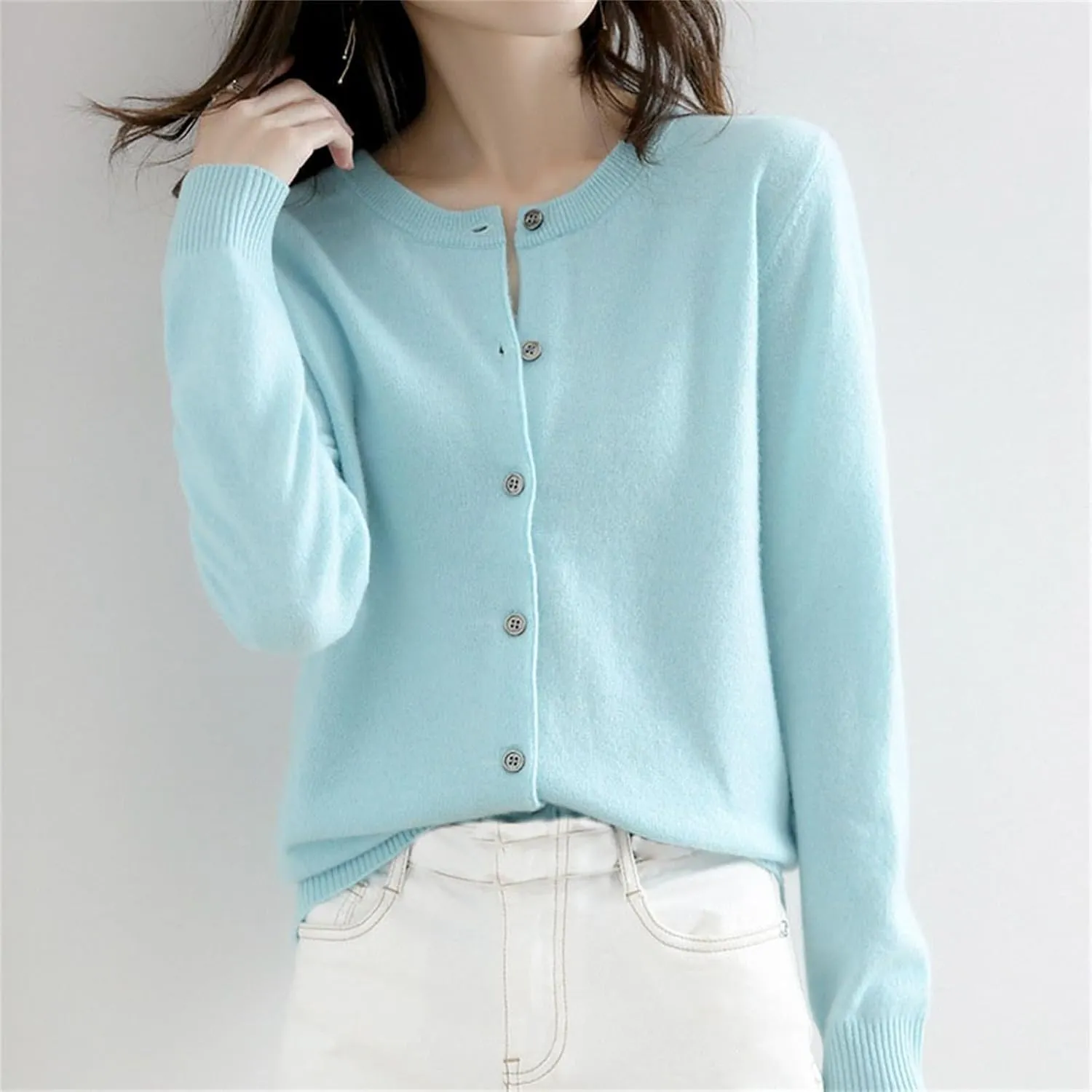 Women's 2024 Lightweight Cardigans Button Down Long Sleeve Casual Crew Neck Soft Knit Fall Cardigan Sweater Tops