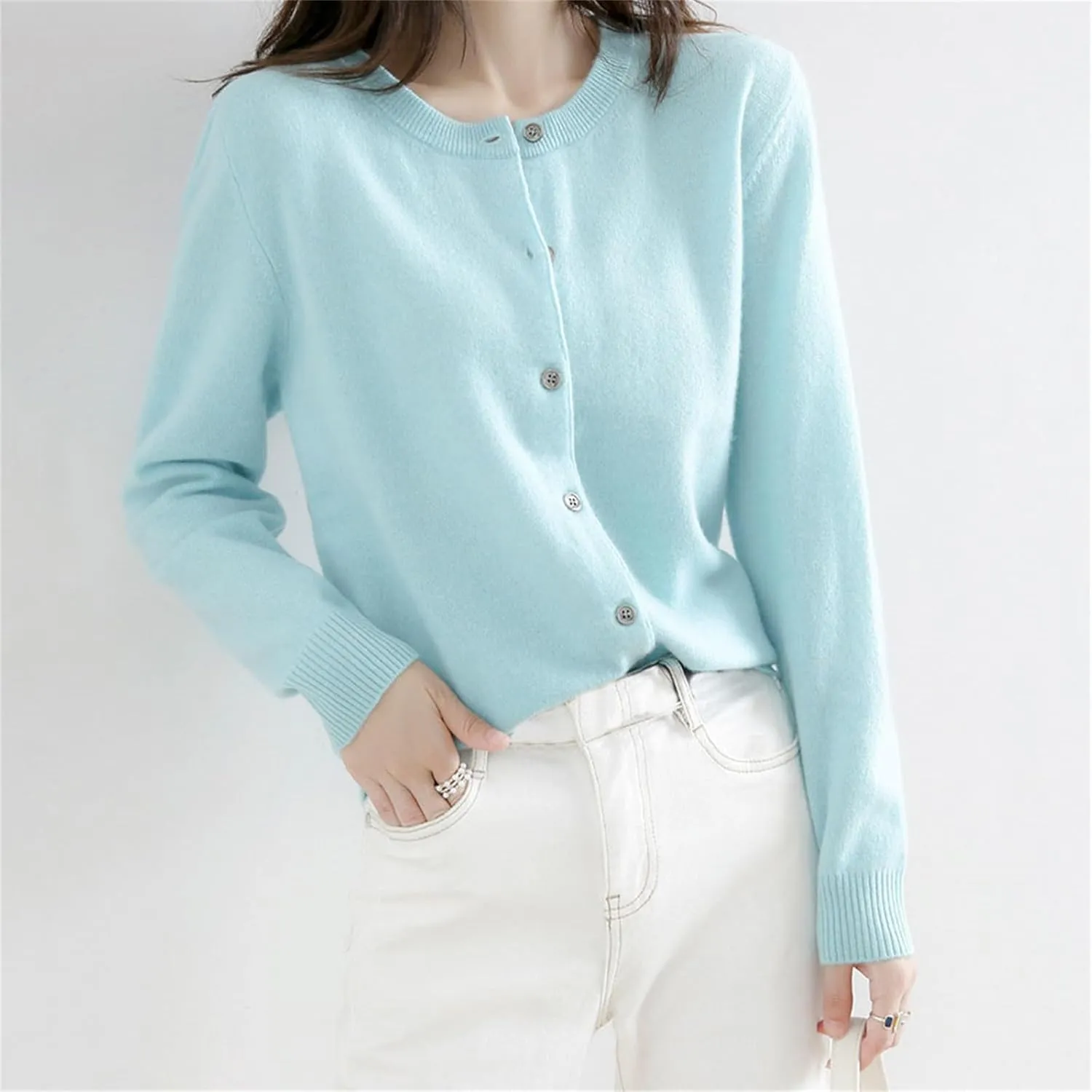 Women's 2024 Lightweight Cardigans Button Down Long Sleeve Casual Crew Neck Soft Knit Fall Cardigan Sweater Tops