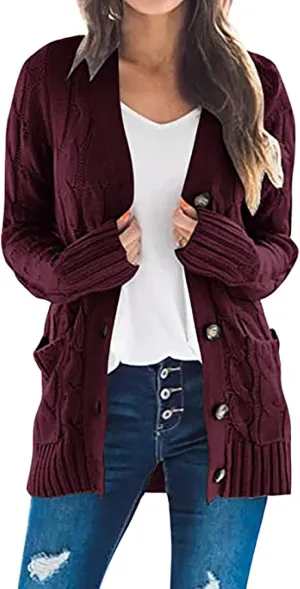 Women's 2025 Fall Casual Cardigan Sweater Ladies Cable Knit Open Front Coat Tops Long Sleeve Button Sweaters & Pocket