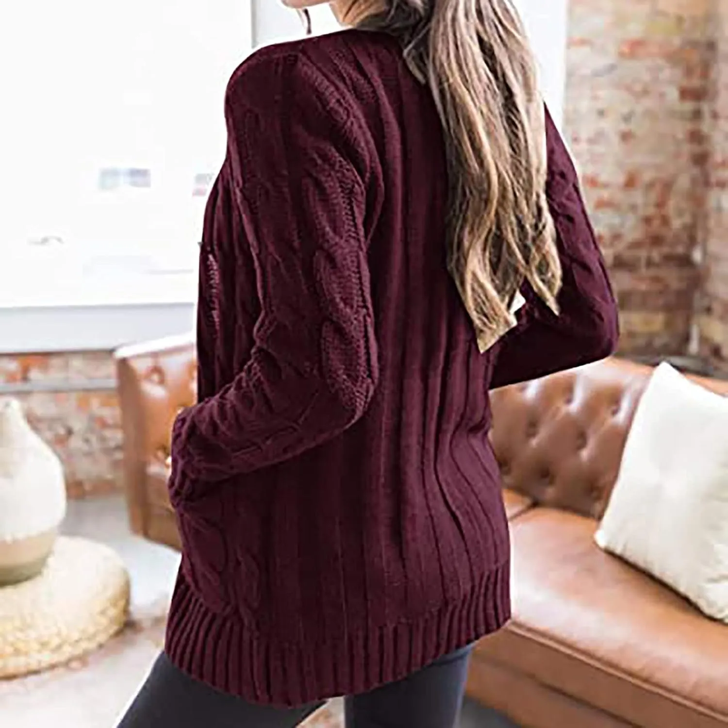 Women's 2025 Fall Casual Cardigan Sweater Ladies Cable Knit Open Front Coat Tops Long Sleeve Button Sweaters & Pocket