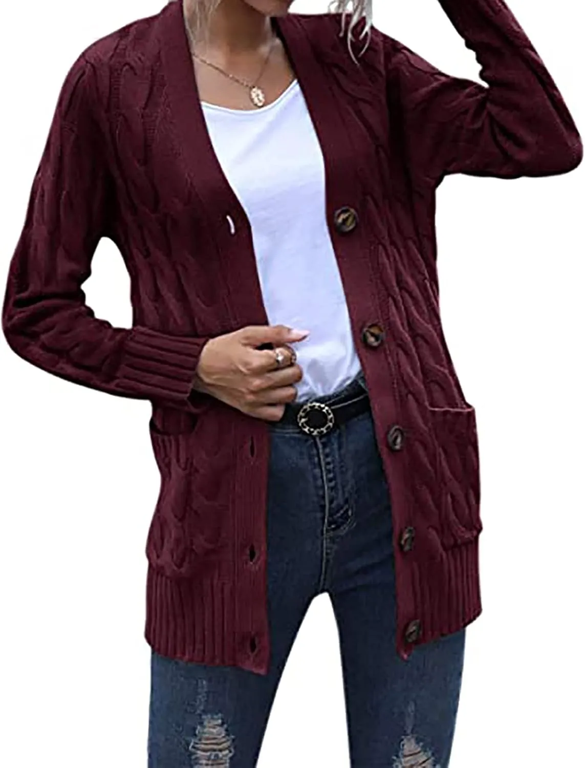 Women's 2025 Fall Casual Cardigan Sweater Ladies Cable Knit Open Front Coat Tops Long Sleeve Button Sweaters & Pocket