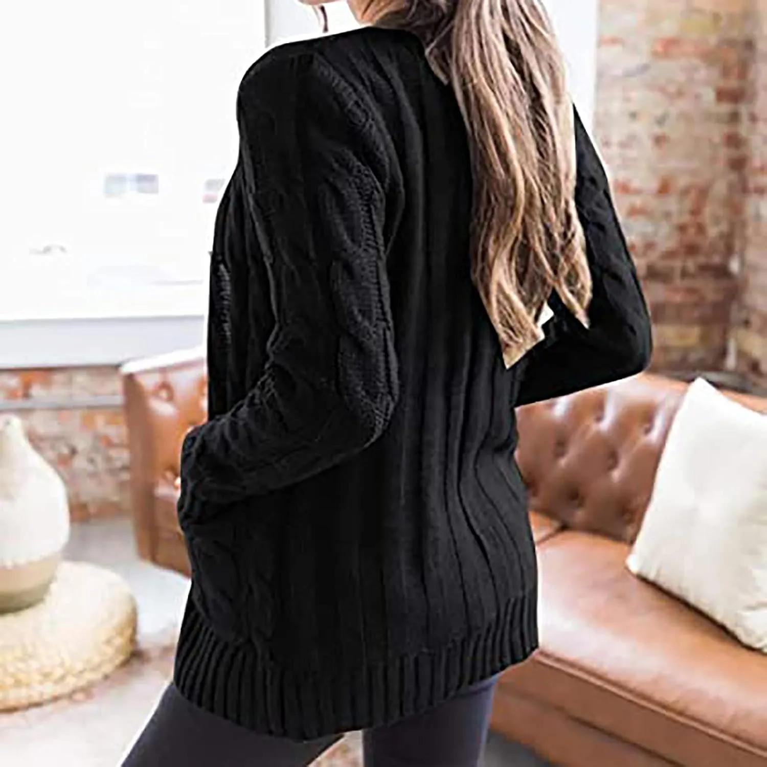 Women's 2025 Fall Casual Cardigan Sweater Ladies Cable Knit Open Front Coat Tops Long Sleeve Button Sweaters & Pocket