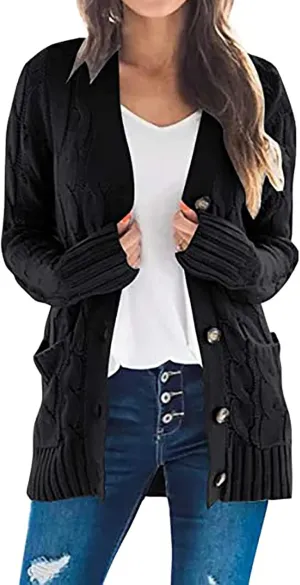 Women's 2025 Fall Casual Cardigan Sweater Ladies Cable Knit Open Front Coat Tops Long Sleeve Button Sweaters & Pocket