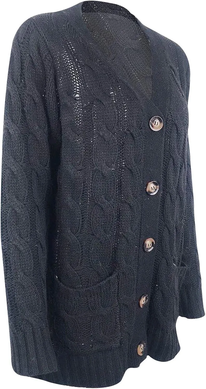 Women's 2025 Fall Casual Cardigan Sweater Ladies Cable Knit Open Front Coat Tops Long Sleeve Button Sweaters & Pocket