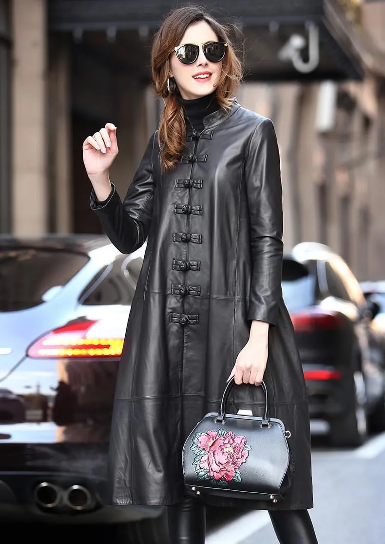 Women’s Black Genuine Sheepskin leather Jacket Mandarin Collar Luxury Long Loose Chinese Style original Leather Coat