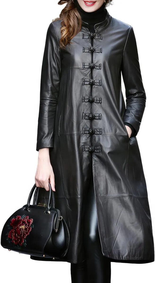 Women’s Black Genuine Sheepskin leather Jacket Mandarin Collar Luxury Long Loose Chinese Style original Leather Coat