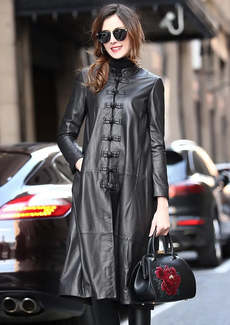 Women’s Black Genuine Sheepskin leather Jacket Mandarin Collar Luxury Long Loose Chinese Style original Leather Coat
