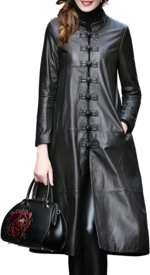 Women’s Black Genuine Sheepskin leather Jacket Mandarin Collar Luxury Long Loose Chinese Style original Leather Coat