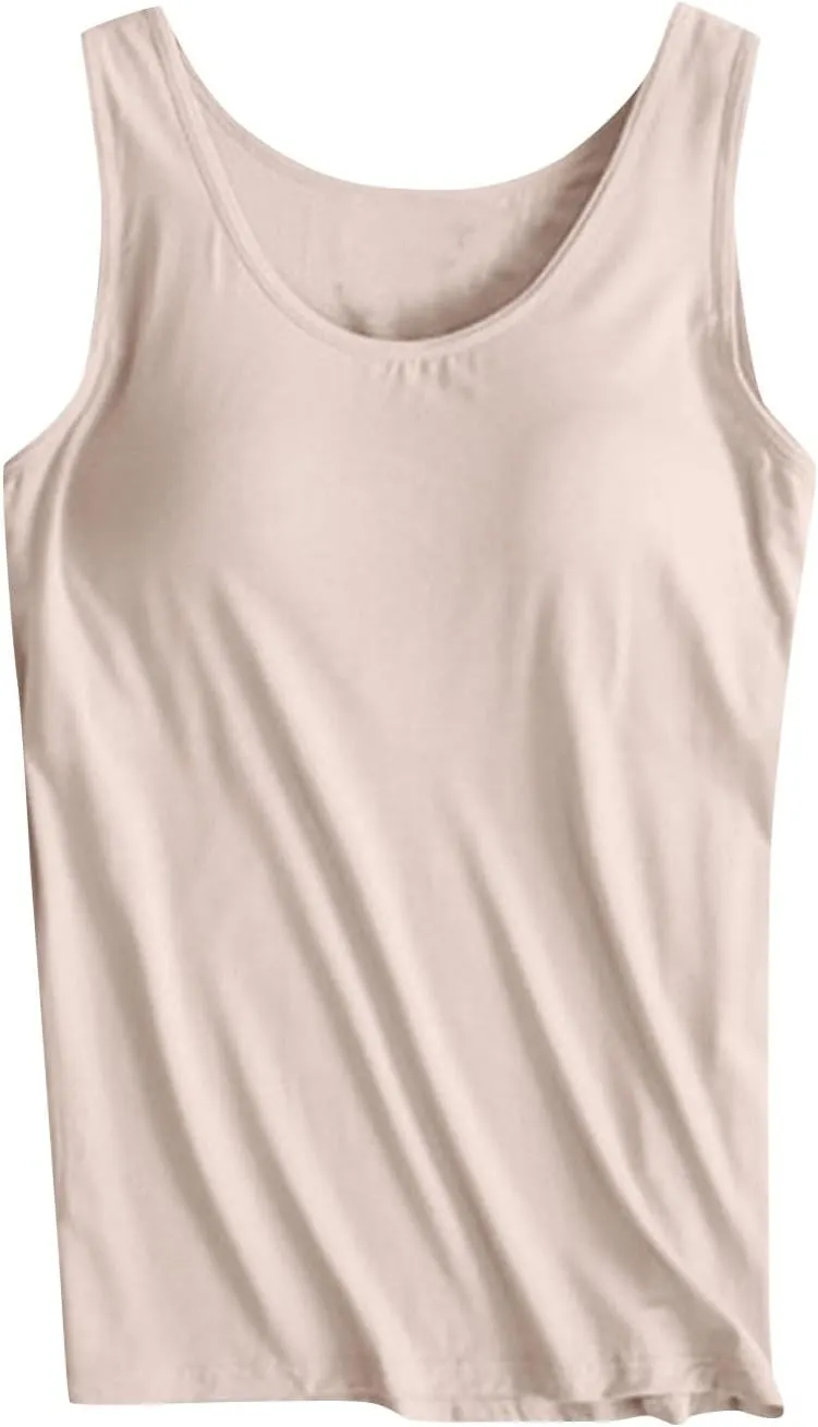 Womens Camisoles with Built in Bra Padded Basic Solid Summer Casual Cotton Cami Tops Yoga Workout Seamless Shirts