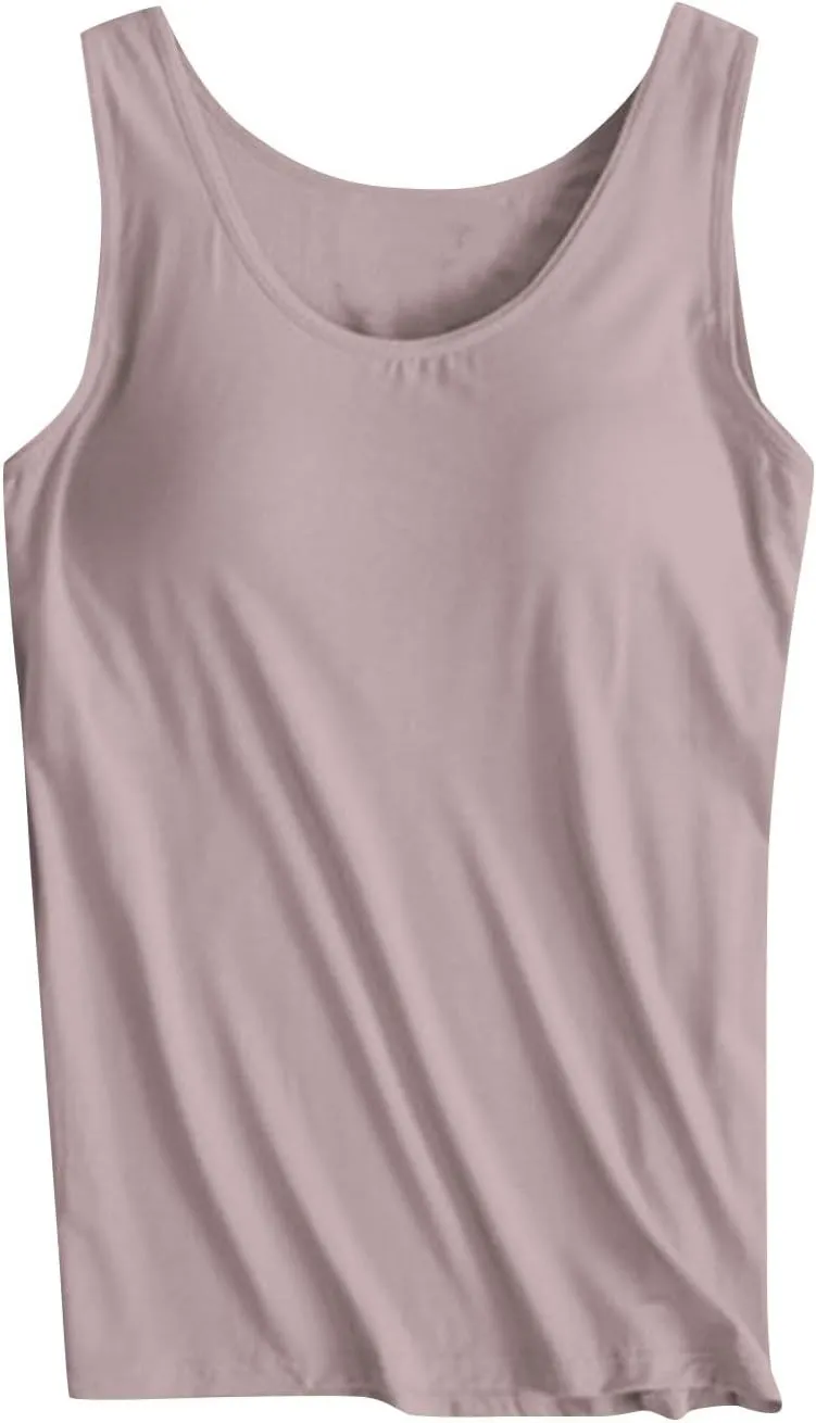 Womens Camisoles with Built in Bra Padded Basic Solid Summer Casual Cotton Cami Tops Yoga Workout Seamless Shirts