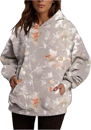 Womens Camo Hoodie Sweatshirt Oversized Maple Leaf Print Cute Hooded Sweatshirt Hoodies Pullover Trendy Fall Clothes