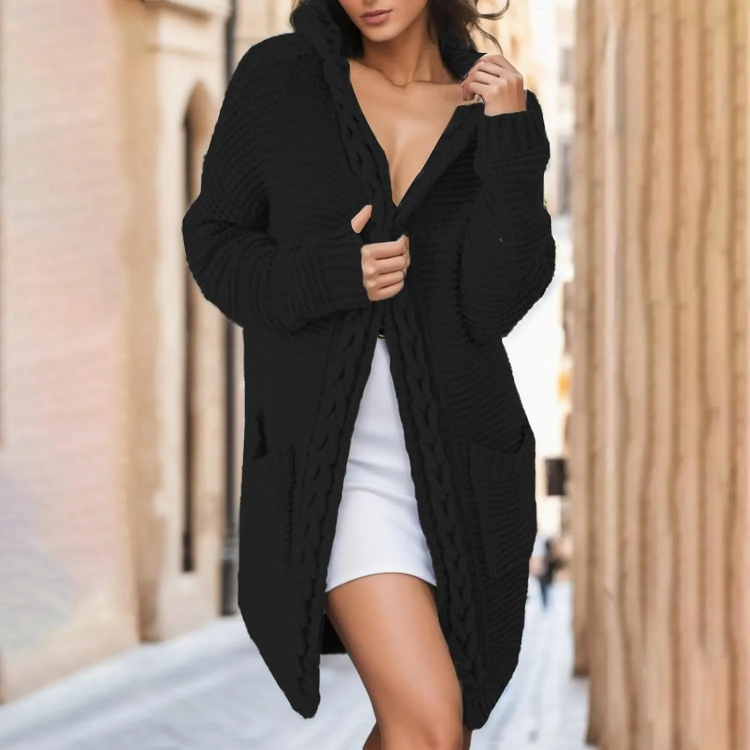Women's Cozy Textured Solid Color Long Sleeve Cardigan Sweater Cardigan Dress for Women Elegant