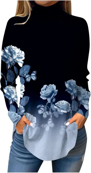 Womens Fall Tops Printing Long Sleeve Sweatshirts Turtleneck Vintage Pullover Tunic Y2k Shirt Fashion Casual Blouses