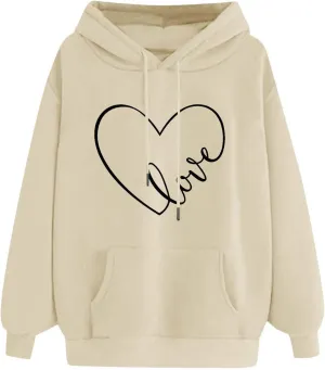 Women's Fashion Hoodies & Sweatshirts Long Sleeve Heart Graphic Tee Shirts Causal Drawstring Hoodies Vacation Outfits