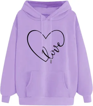 Women's Fashion Hoodies & Sweatshirts Long Sleeve Heart Graphic Tee Shirts Causal Drawstring Hoodies Vacation Outfits