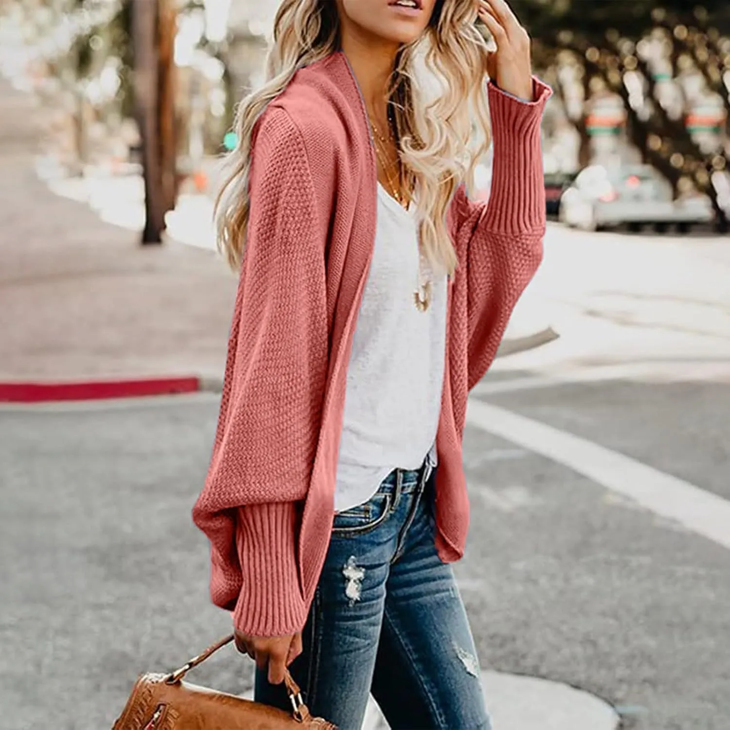 Women's Kimono Batwing Cable Open Front Knitted Cardigan Slouchy Oversized Wrap Sweater Outwear Coats Solid Color