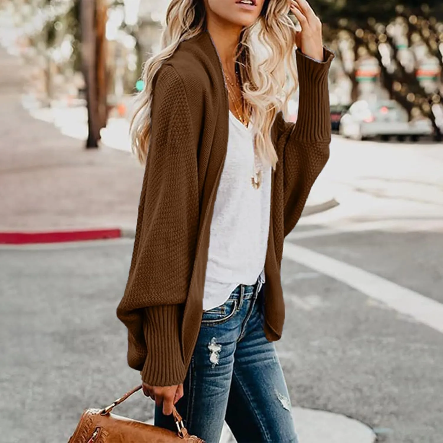 Women's Kimono Batwing Cable Open Front Knitted Cardigan Slouchy Oversized Wrap Sweater Outwear Coats Solid Color