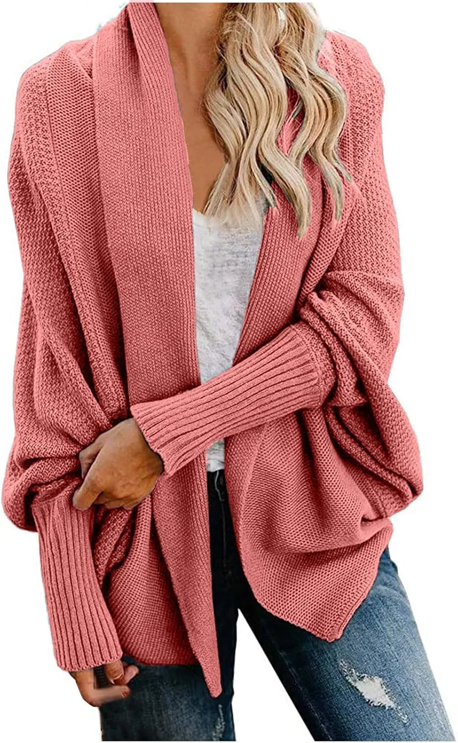 Women's Kimono Batwing Cable Open Front Knitted Cardigan Slouchy Oversized Wrap Sweater Outwear Coats Solid Color
