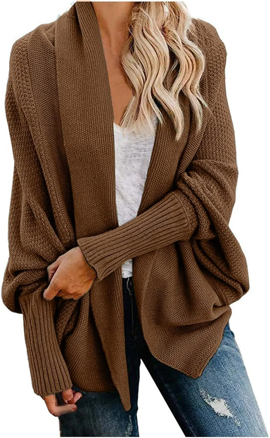 Women's Kimono Batwing Cable Open Front Knitted Cardigan Slouchy Oversized Wrap Sweater Outwear Coats Solid Color