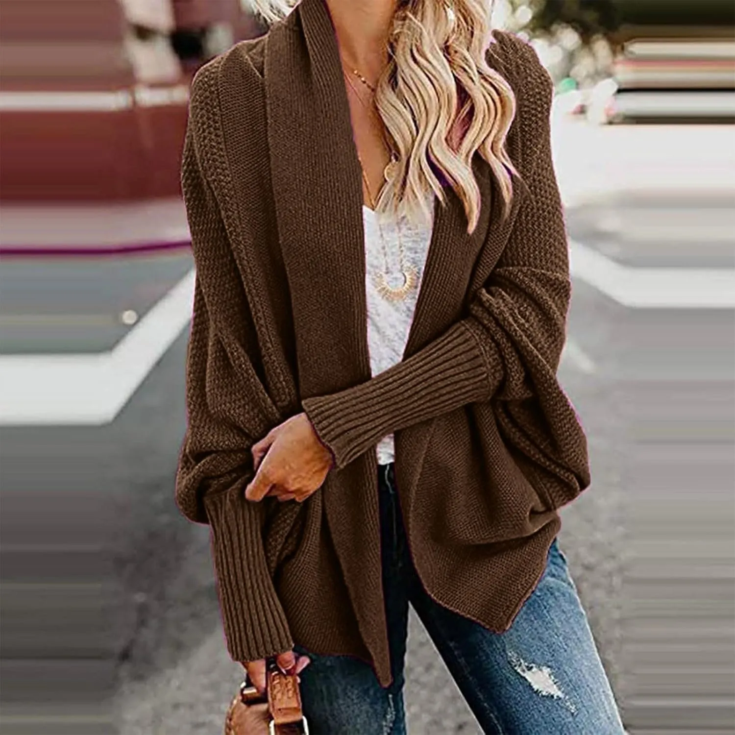 Women's Kimono Batwing Cable Open Front Knitted Cardigan Slouchy Oversized Wrap Sweater Outwear Coats Solid Color