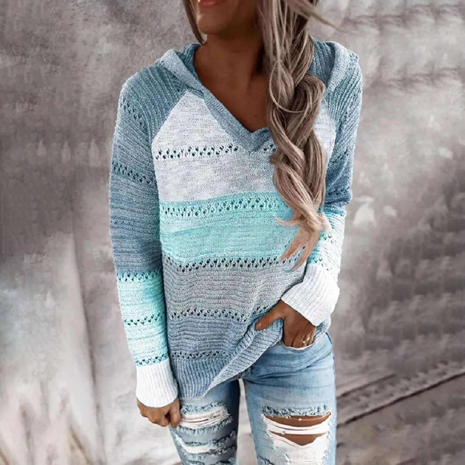 Womens Lightweight Color Block Hooded Sweaters Drawstring Hoodies Pullover Sweatshirts Long Sleeve Zip Up Hoodies