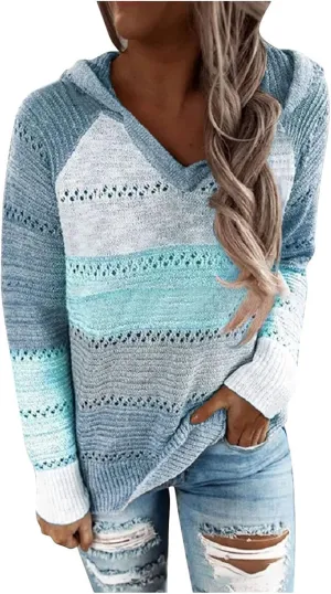 Womens Lightweight Color Block Hooded Sweaters Drawstring Hoodies Pullover Sweatshirts Long Sleeve Zip Up Hoodies