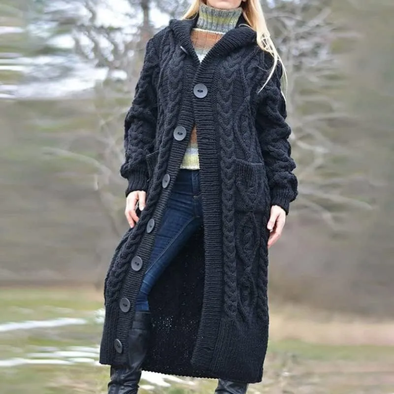 Women's Long Cardigans Chunky Cable Knit Sweater Coat Open Front Button Down Coatigan Oversized Cardigans with Hood