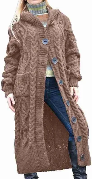 Women's Long Cardigans Chunky Cable Knit Sweater Coat Open Front Button Down Coatigan Oversized Cardigans with Hood