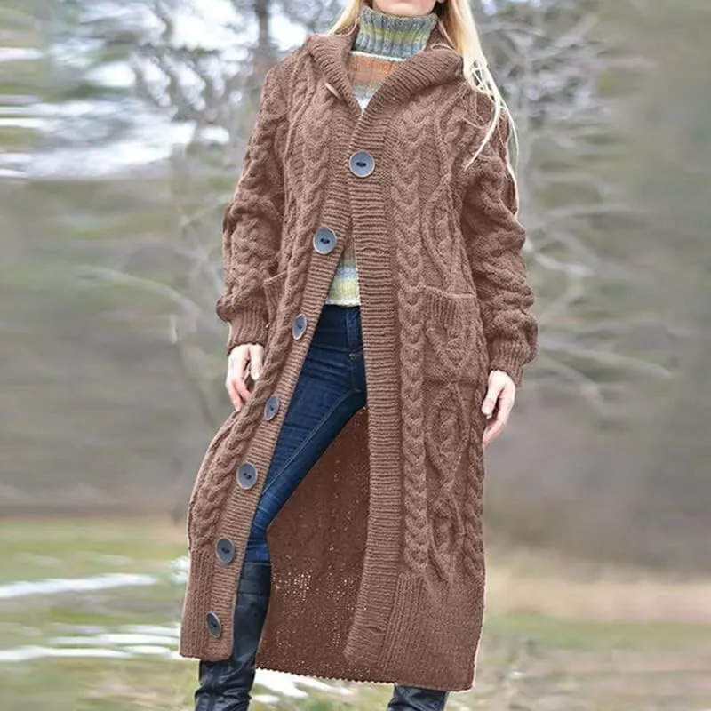 Women's Long Cardigans Chunky Cable Knit Sweater Coat Open Front Button Down Coatigan Oversized Cardigans with Hood