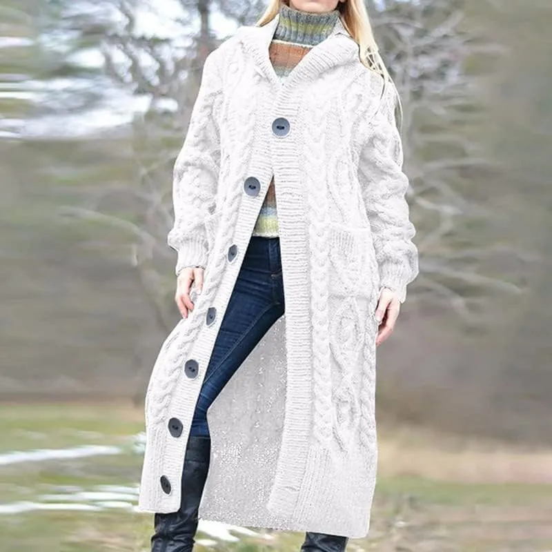 Women's Long Cardigans Chunky Cable Knit Sweater Coat Open Front Button Down Coatigan Oversized Cardigans with Hood